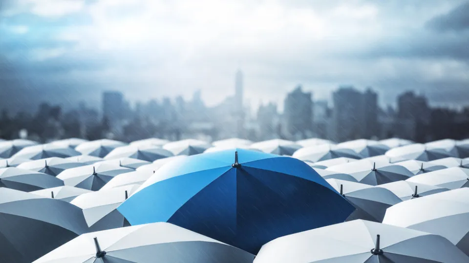 Vários guarda-chuvas brancos com um azul em destaque, simbolizando proteção e diferenciação no universo dos seguros.