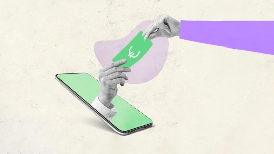 Telemóvel com mão a sair segurando euro a dar a outra mão simbolizando transferências bancárias