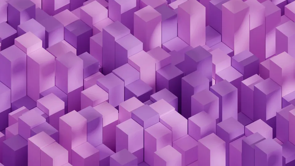 Renderização 3D de cubos em tons de roxo e lilás, dispostos de forma geométrica e em diferentes alturas, criando um efeito visual de profundidade e repetição abstrata.