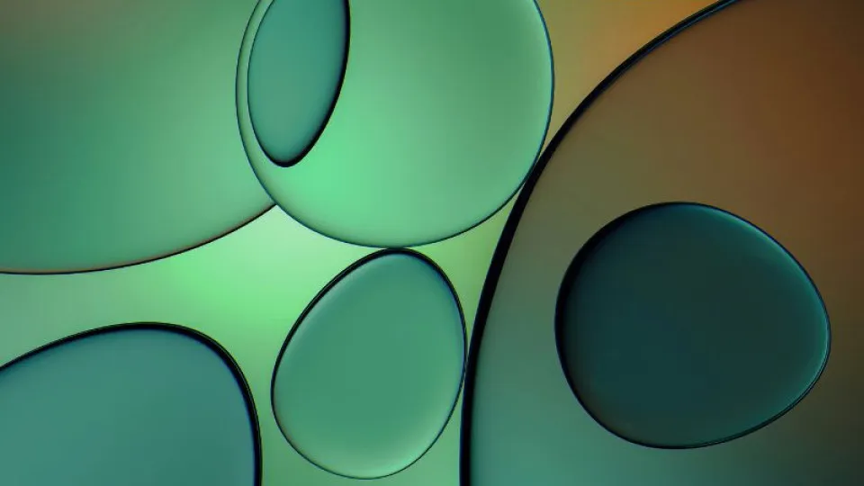 Imagem abstrata de bolhas sobrepostas em tons de verde e laranja