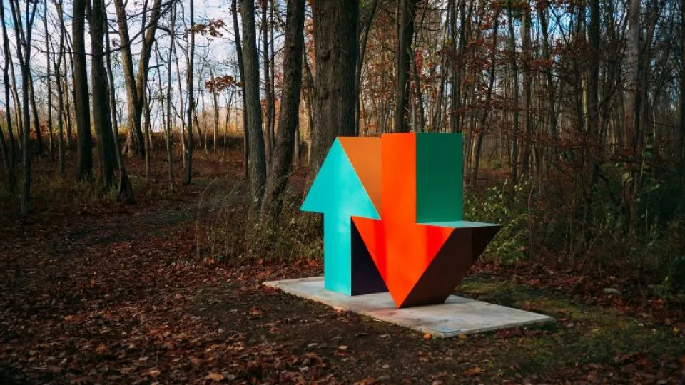 Escultura colorida com duas setas grandes tridimensionais, uma verde apontando para cima e outra vermelha apontando para baixo, instalada numa base de cimento em meio a uma floresta com árvores sem folhas e folhas secas no chão.