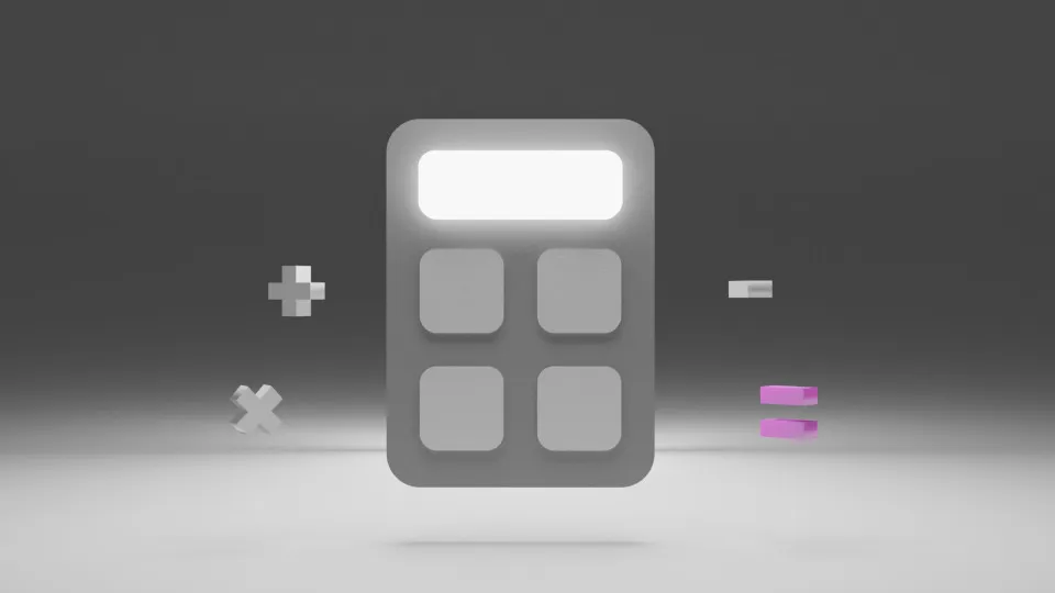 Calculadora cinzenta com símbolos de vezes, mais, menos e igual à volta a levitar