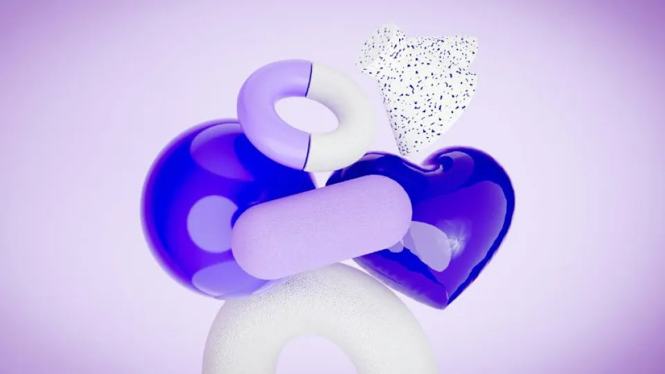 Composição abstrata 3D em tons de roxo e branco com formas geométricas variadas, incluindo um coração brilhante, anéis, cilindros e um elemento triangular com padrão pontilhado, sobre fundo lilás suave.