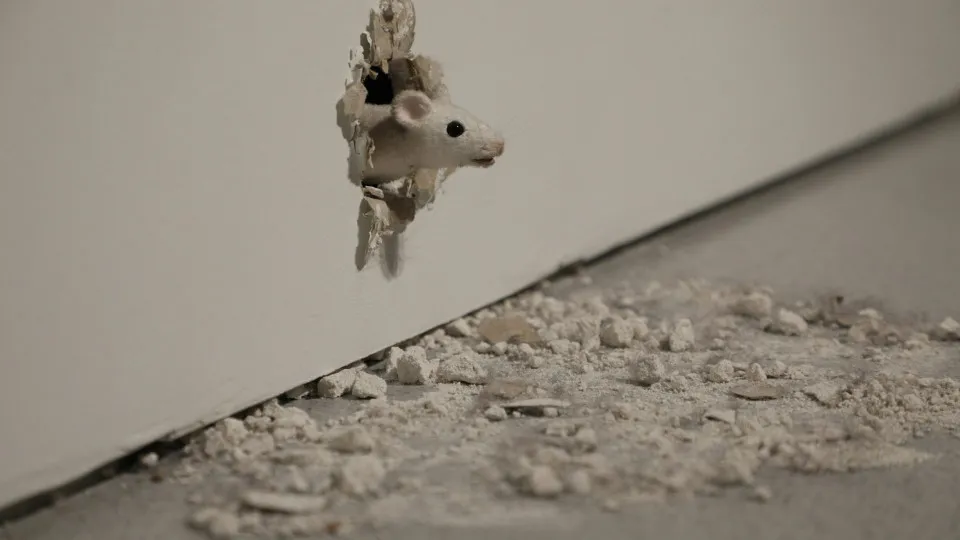 Um rato a cutucar a cabeça através de um buraco em uma parede de uma casa