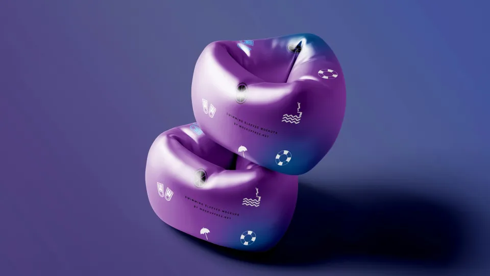 Dois insufláveis de natação roxos com ícones de verão sobre fundo azul - símbolo visual de apoio e segurança.